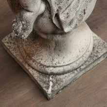 Load image into Gallery viewer, x SOLD French Cast Concrete Musical Putti Garden Ornament, Seated on a Sphere Plinth. B11284