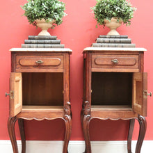 Load image into Gallery viewer, x SOLD Pair of Antique French Oak and Marble Top Bedside Tables Brass Handle Lamp Table B11027