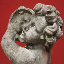 Load image into Gallery viewer, x SOLD French Cast Concrete Musical Putti Garden Ornament, Seated on a Sphere Plinth. B11284