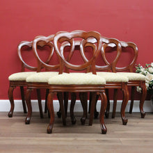 Load image into Gallery viewer, x SOLD 6 Antique English Dining Chairs, Shell Balloon Back Kitchen Chairs, Fabric Seats B10824