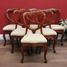 Load image into Gallery viewer, x SOLD 6 Antique English Dining Chairs, Shell Balloon Back Kitchen Chairs, Fabric Seats B10824