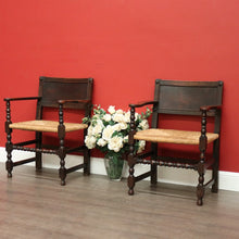 Load image into Gallery viewer, x SOLD Pair of Antique French Oak and Rush Seats Hall Chairs Dining Armchairs Carvers. B10258