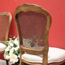 Load image into Gallery viewer, x SOLD Pair of Vintage French Oak and Cane Hall Chairs or Bedroom Chairs. Linen Fabric. B11267