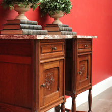 Load image into Gallery viewer, x SOLD Bedside Tables, Antique French Oak Bedsides, Lamp Cabinet Hall Tables Marble Top B10487