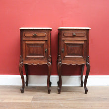 Load image into Gallery viewer, x SOLD Pair of Antique French Oak and Marble Top Bedside Tables Brass Handle Lamp Table B11027