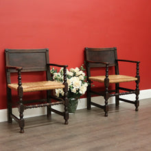 Load image into Gallery viewer, x SOLD Pair of Antique French Oak and Rush Seats Hall Chairs Dining Armchairs Carvers. B10258