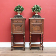 Load image into Gallery viewer, Pair of Antique French Bedside Tables, French Oak and Marble Top Lamp Tables B10774