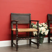 Load image into Gallery viewer, x SOLD Pair of Antique French Oak and Rush Seats Hall Chairs Dining Armchairs Carvers. B10258