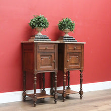 Load image into Gallery viewer, x SOLD Pair of Antique French Bedside Tables, French Oak and Marble Top Lamp Tables B10774
