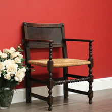 Load image into Gallery viewer, x SOLD Pair of Antique French Oak and Rush Seats Hall Chairs Dining Armchairs Carvers. B10258