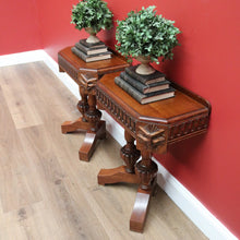 Load image into Gallery viewer, x SOLD French Pair of Oak Double Pedestal Carved Apron Hall Lamp Side or Bedside Tables B10694