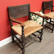 Load image into Gallery viewer, x SOLD Pair of Antique French Oak and Rush Seats Hall Chairs Dining Armchairs Carvers. B10258