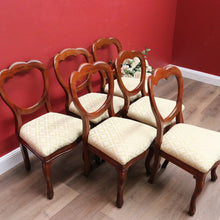 Load image into Gallery viewer, x SOLD 6 Antique English Dining Chairs, Shell Balloon Back Kitchen Chairs, Fabric Seats B10824