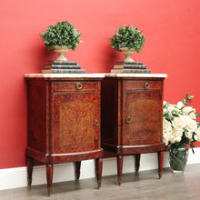Load image into Gallery viewer, x SOLD Antique French Bedside Cabinet, Burr Walnut, Marble and Brass Lamp Side Tables. B10435