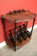 Load image into Gallery viewer, x SOLD Antique Music Canterbury, English Burr Walnut Book Stand, Magazine Holder Rack. B8737
