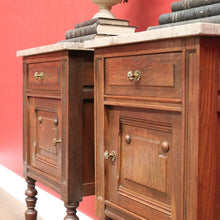 Load image into Gallery viewer, x SOLD Pair of Antique French Bedside Tables, French Oak and Marble Top Lamp Tables B10774