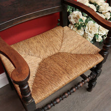 Load image into Gallery viewer, x SOLD Pair of Antique French Oak and Rush Seats Hall Chairs Dining Armchairs Carvers. B10258