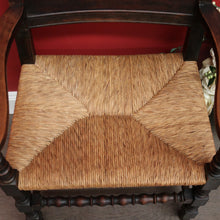 Load image into Gallery viewer, x SOLD Pair of Antique French Oak and Rush Seats Hall Chairs Dining Armchairs Carvers. B10258