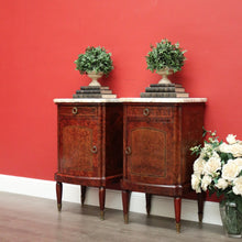 Load image into Gallery viewer, x SOLD Antique French Bedside Cabinet, Burr Walnut, Marble and Brass Lamp Side Tables. B10435
