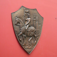 Load image into Gallery viewer, x SOLD Antique French Copper Wall Plaque, Embossed Copper Shield, Knight, Horse, Castle B10507