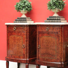 Load image into Gallery viewer, x SOLD Antique French Bedside Cabinet, Burr Walnut, Marble and Brass Lamp Side Tables. B10435