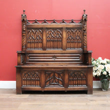 Load image into Gallery viewer, x SOLD Antique French Oak Gothic Hall Seat with Lift Lid Storage, Carved Knights B11200