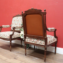 Load image into Gallery viewer, x SOLD Pair of Antique French Chairs, Armchairs, Walnut Gilt Frame Rust Amber Flowers B11187