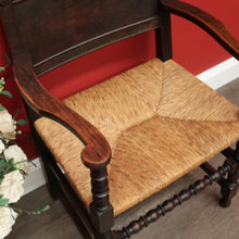 Load image into Gallery viewer, x SOLD Pair of Antique French Oak and Rush Seats Hall Chairs Dining Armchairs Carvers. B10258