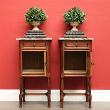 Load image into Gallery viewer, x SOLD Bedside Tables, Antique French Oak Bedsides, Lamp Cabinet Hall Tables Marble Top B10487