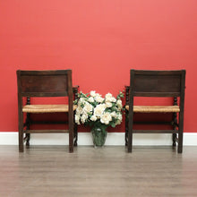 Load image into Gallery viewer, x SOLD Pair of Antique French Oak and Rush Seats Hall Chairs Dining Armchairs Carvers. B10258