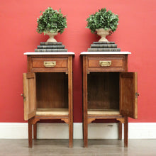 Load image into Gallery viewer, X SOLD Pair of Antique French Bedside Cabinet Oak and Marble Lamp Side Tables Cupboards. B10202