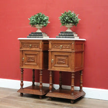 Load image into Gallery viewer, x SOLD Antique French Bedside Tables, Oak and Marble Lamp Table, Lamp Bedside Cabinets B11130