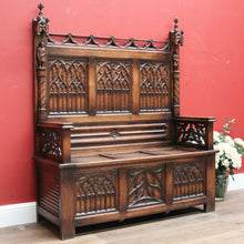 Load image into Gallery viewer, x SOLD Antique French Oak Gothic Hall Seat with Lift Lid Storage, Carved Knights B11200