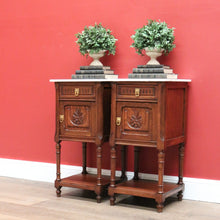 Load image into Gallery viewer, x SOLD Pair of Antique Bedside Cabinets, French Oak and Marble Lamp Tables B10574