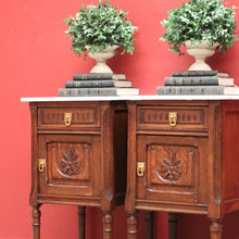 Load image into Gallery viewer, x SOLD Pair of Antique Bedside Cabinets, French Oak and Marble Lamp Tables B10574