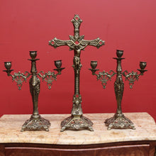 Load image into Gallery viewer, Antique French Brass Church Altar Cross Crucifix Trio with Candle Stick Holders B10547