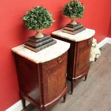 Load image into Gallery viewer, x SOLD Antique French Bedside Cabinet, Burr Walnut, Marble and Brass Lamp Side Tables. B10435