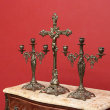 Load image into Gallery viewer, x SOLD Antique French Brass Church Altar Cross Crucifix Trio with Candle Stick Holders B10547