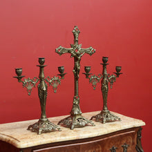 Load image into Gallery viewer, x SOLD Antique French Brass Church Altar Cross Crucifix Trio with Candle Stick Holders B10547