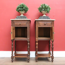 Load image into Gallery viewer, x SOLD Pair of Antique French Bedside Tables, French Oak and Marble Top Lamp Tables B10774