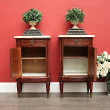 Load image into Gallery viewer, x SOLD Antique French Bedside Cabinet, Burr Walnut, Marble and Brass Lamp Side Tables. B10435
