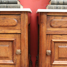 Load image into Gallery viewer, x SOLD Antique Bedside Tables Cabinets, Lamp Side Tables Antique French Oak and Marble Tops B10297