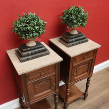 Load image into Gallery viewer, x SOLD Pair of Antique French Bedside Tables, French Oak and Marble Top Lamp Tables B10774