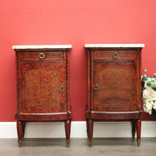 Load image into Gallery viewer, x SOLD Antique French Bedside Cabinet, Burr Walnut, Marble and Brass Lamp Side Tables. B10435