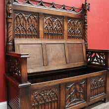 Load image into Gallery viewer, x SOLD Antique French Oak Gothic Hall Seat with Lift Lid Storage, Carved Knights B11200