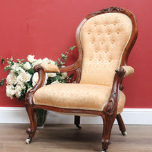 Load image into Gallery viewer, Antique English Grandfather Chair, Walnut and Fabric Button Backed Armchair Seat B10991