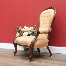 Load image into Gallery viewer, x SOLD Antique English Grandfather Chair, Walnut and Fabric Button Backed Armchair Seat B10991