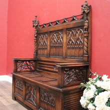 Load image into Gallery viewer, x SOLD Antique French Oak Gothic Hall Seat with Lift Lid Storage, Carved Knights B11200
