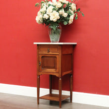 Load image into Gallery viewer, x SOLD Antique Bedside Table, French Oak and Marble Lamp Table with Tunbridge Ware B10451