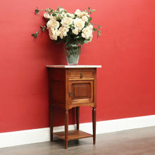 Load image into Gallery viewer, x SOLD Antique Bedside Table, French Oak and Marble Lamp Table with Tunbridge Ware B10451